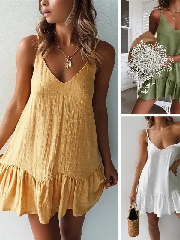 Dress Women Sexy Spaghetti Strap Ruffle Summer Dress Cotton Linen Vestidos Green Dresses Off Shoulder Sexy Mini Sundress DLC8