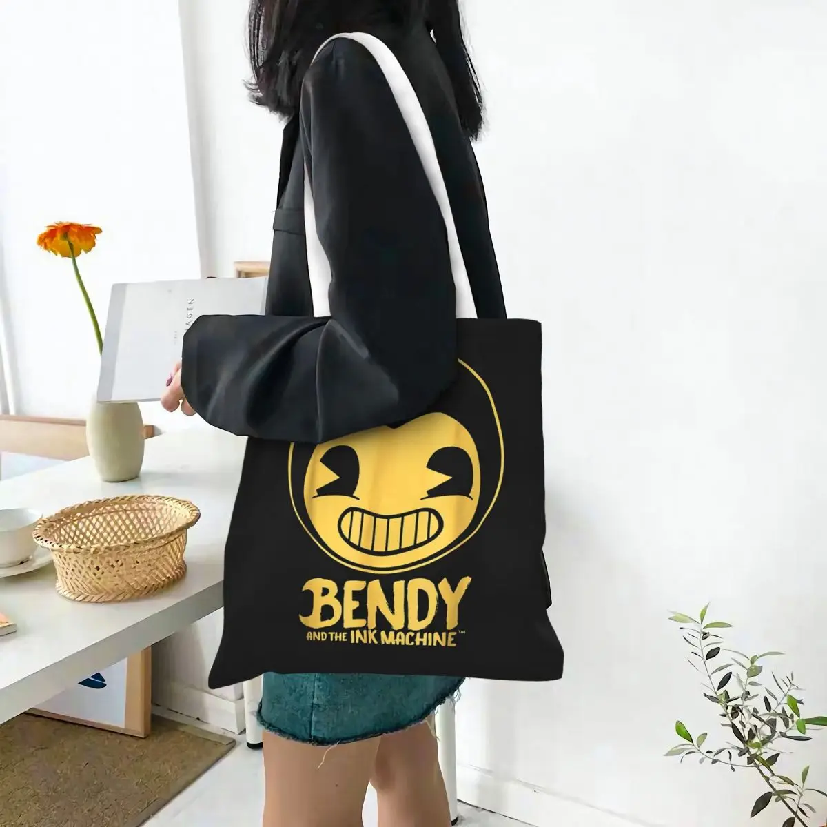 Bendy-Ink-Machine Shopping Bags Canvas The Tote Bag Folding for Ladies Shoulder Tote Travel Handbag