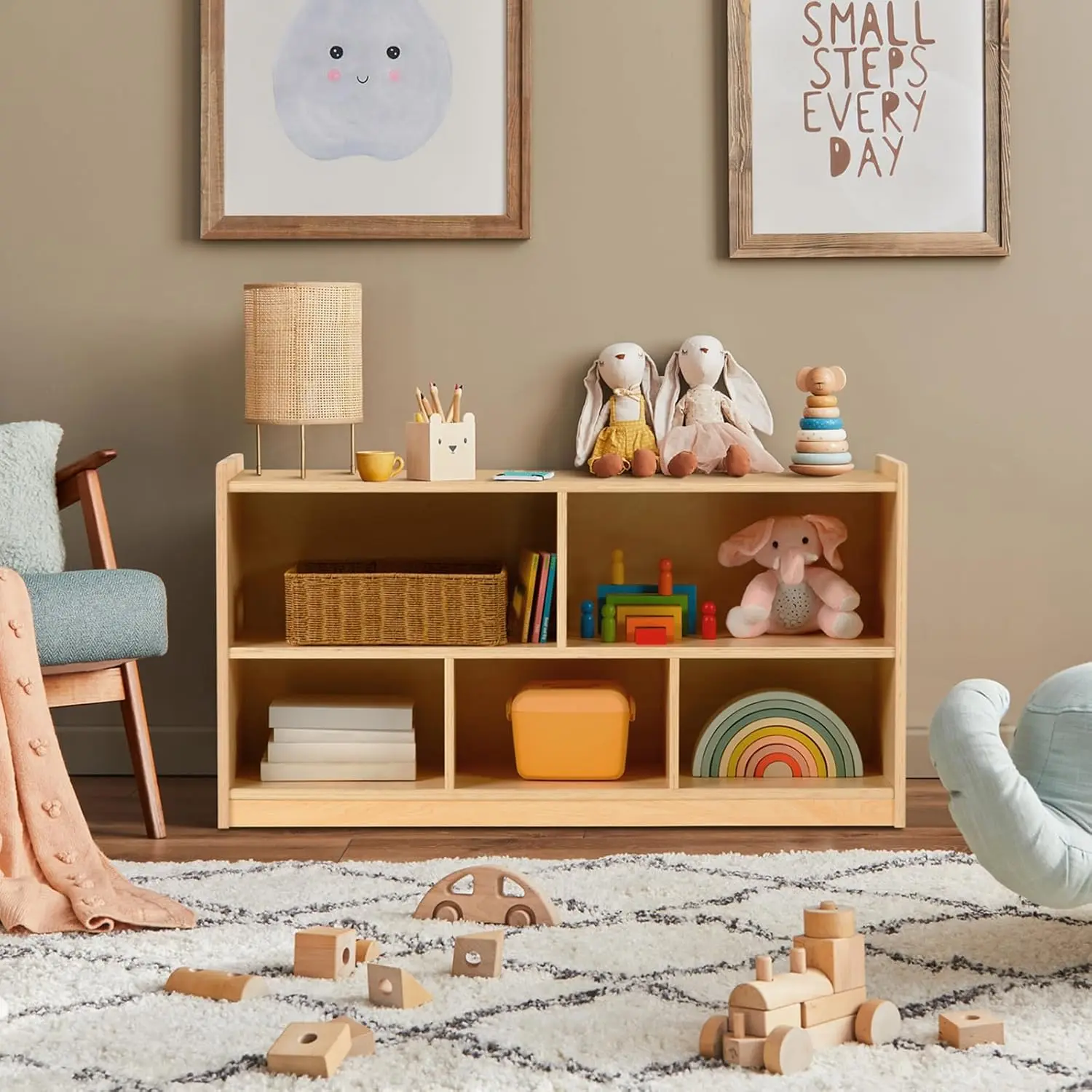 Armoire de rangement en bois à 5 sections, organisateurs de jouets à 2 étagères et rangement, salle de jeux, salle de jeux, salle de garderie et niveau alth