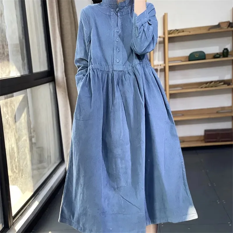 2024 Spring Autumn Fashion Corduroy Dress Long Sleeved Women Dress Vestidos Korean Loose Winter Bottoming Dress Dresses Female