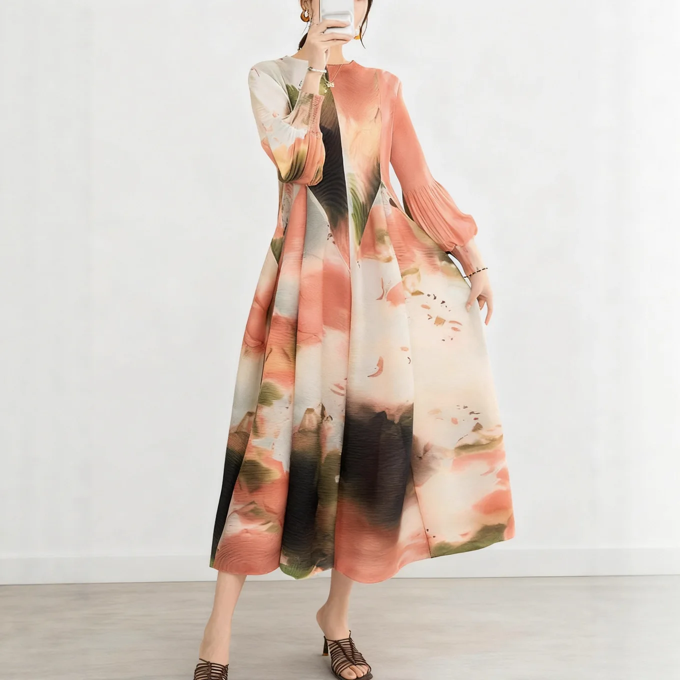 

Женская модная плиссированная юбка-трапеция с высокой талией, длинными рукавами-фонариками, свободного кроя, больших размеров, из полиэстера, вязаная