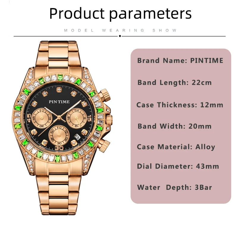 Luxury Men Quartz Watches Stainless Steel Hip Hop Wristwatch Colored Diamonds Date Clock for Men Popular Item Three Colors