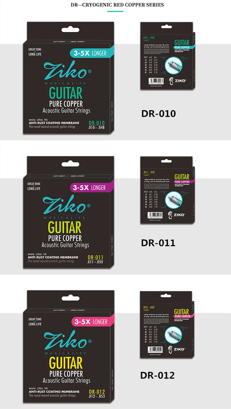 ZIKO DR 010 011 012 Akustikgitarrensaiten aus reinem Kupfer, rostfrei, Zubehör für Musikinstrumente – Detail 3