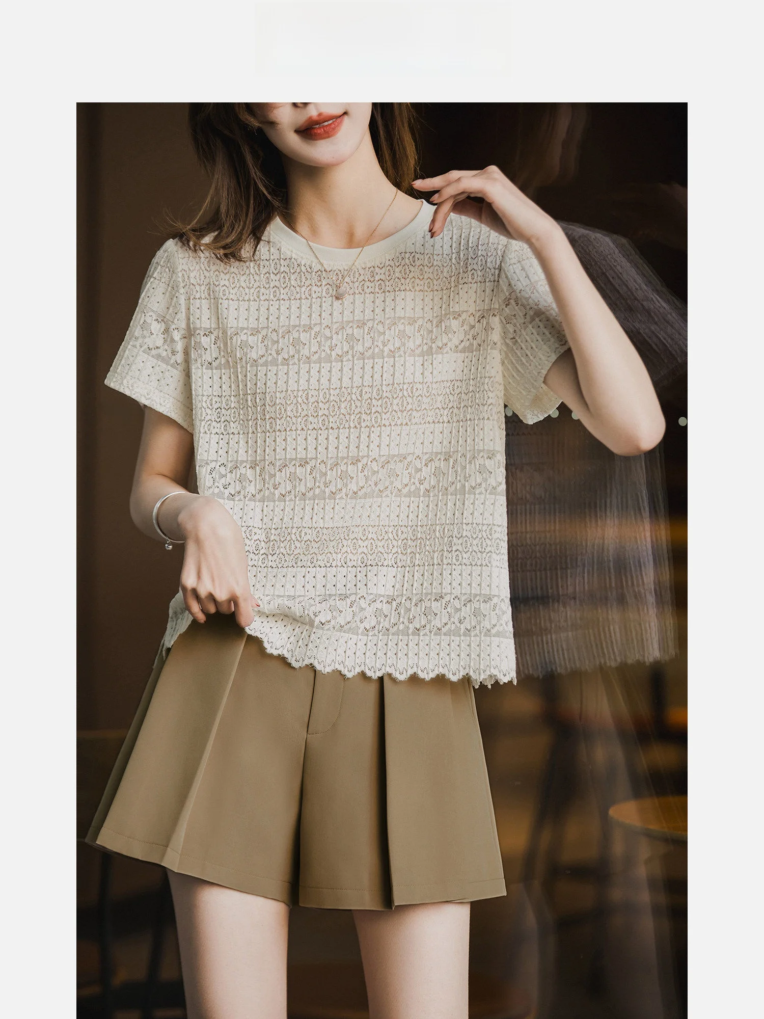 

French Style Lace Hollow out Short Sleeve round Neck T-Shirt Women's Summer New Gentle Breathable Casual Nylon Top