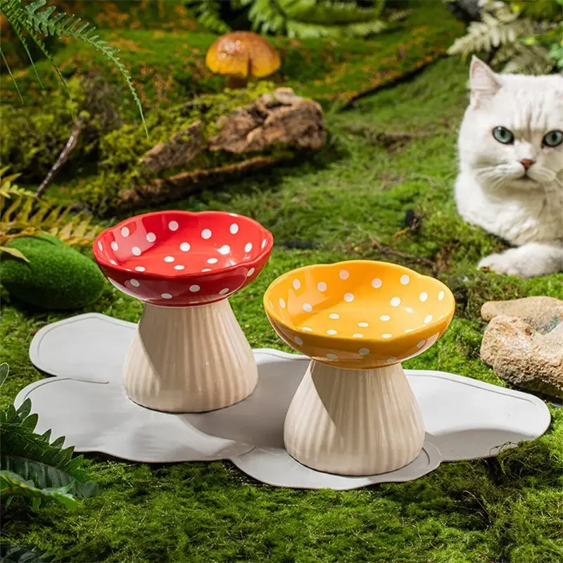 

Feeder Cute Protection Pet High Cervical Cartoon Puppy Bowl Small Ceramic Cat Dog Accessories Spine for Foot Mushroom