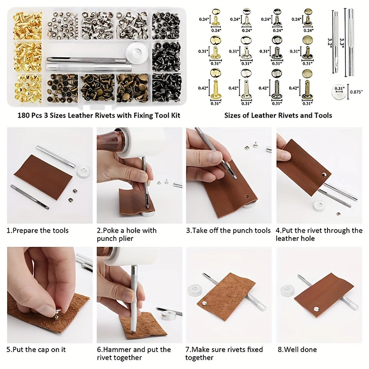 Leather Rivets 3 Sizes Double Cap Rivet Tubular Metal Studs Kit for Leather Craft Repairs Tool Decoration