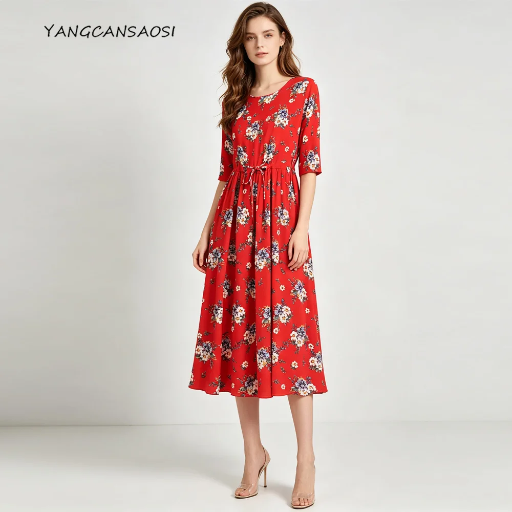 Women's Casual Summer New 100% Natural Mulberry Silk Crepe De Chine Large Swing Round Neck Drawstring Red Print Beach Dress