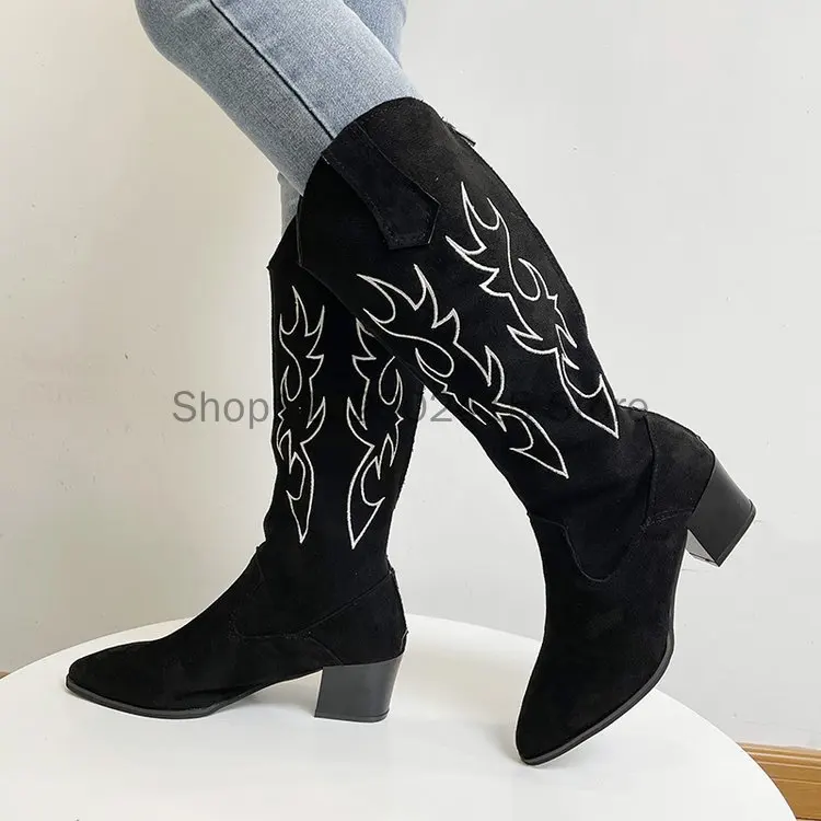 New Women Western Cowboy Boots Pointed Women's Shoes Printing Mid Calf Boots Winter Chunky Heel Wedges Knight Botas Feminina