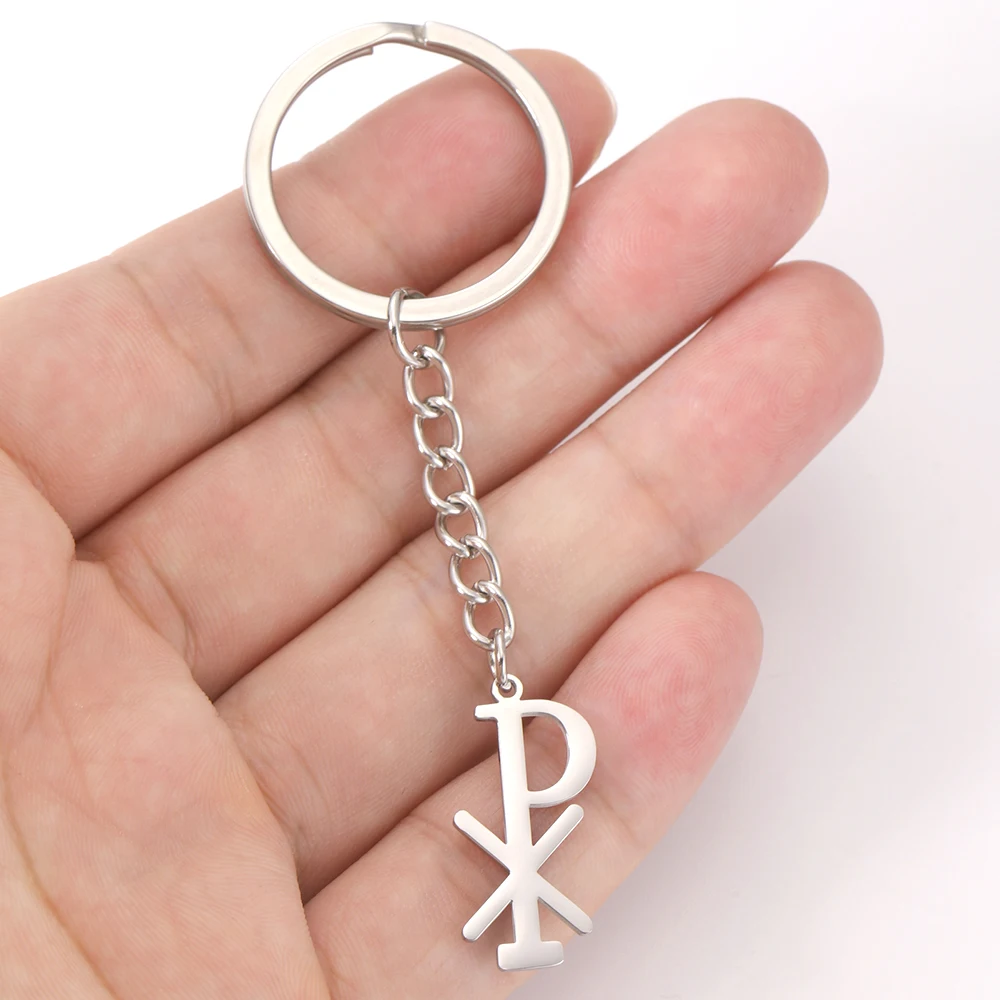 Dawapara Ancient Chi Rho Symbol Keychain Religious Christogram Monogram Pendant Stainless Steel Jewelry Birthday Gift