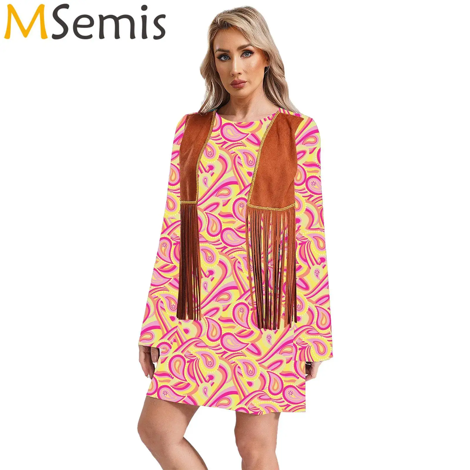 Damen Flare bedrucktes Kleid mit Kunstleder Quaste Weste Vintage 60er 70er Jahre Disco Hippie gefälschte 2-teilige Kleid Hippie Cosplay Kostüm