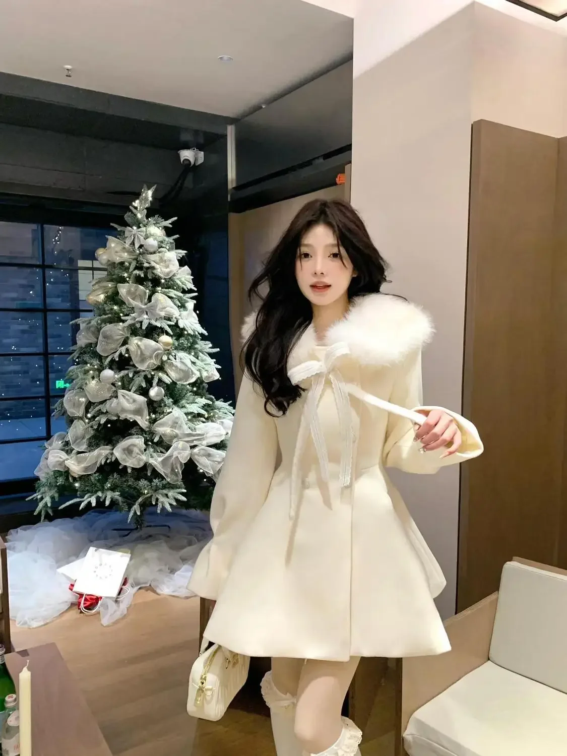 Korean Chic Bow Double-breasted Splicing Fur Collar Slim Waist Tweed Dress for Women Winter Christmas Clothing Princess Dress