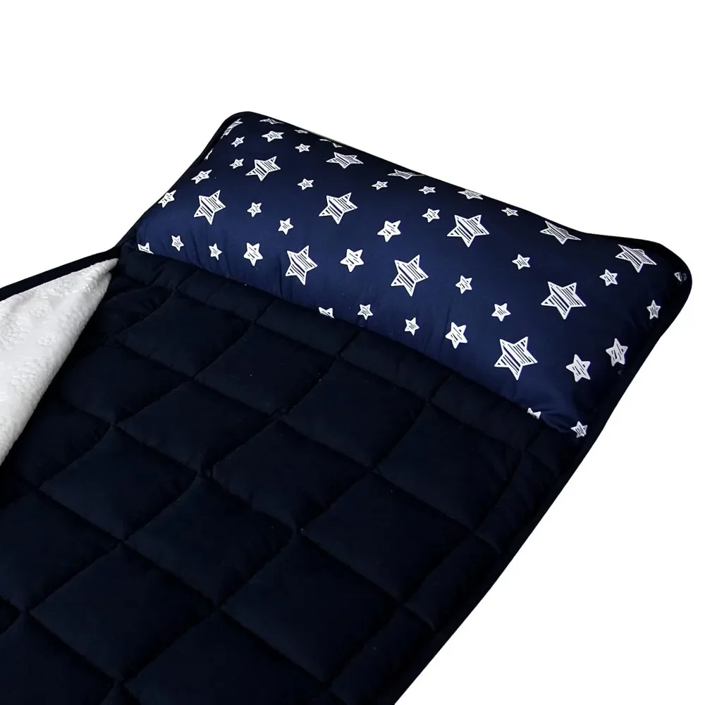 XMSJ Toddler Nap Mat Boy Navy, Removable Pillow and Fleece Minky Blanket, Lightweight and Soft Perfect for Kids Preschool