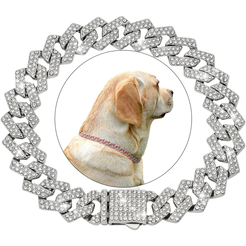 

Rhombus-shaped Diamond Cuban Collar Pet Cuban Collar 15MM Walking Metal Chain Collar Accessories for Dogs Cats Chain