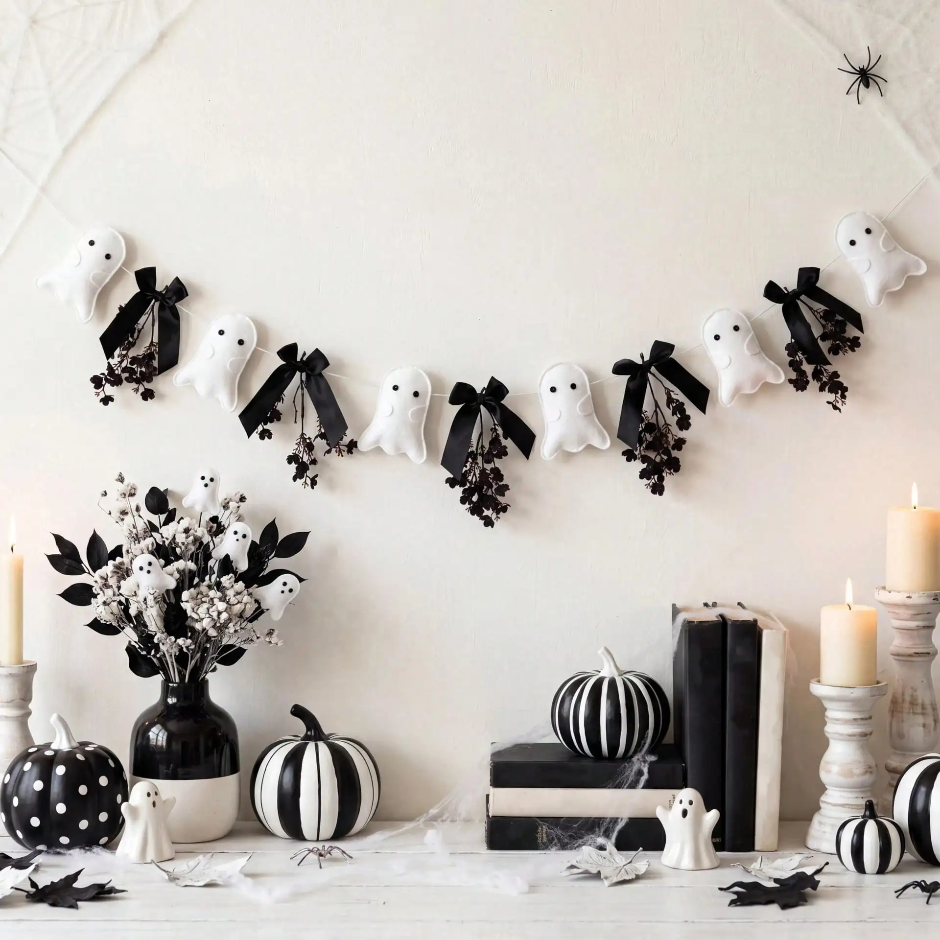 Halloween Felt Ghost Wreath Banner, Black Bow Dried Flowers, Halloween Decor, Fall Home Decor, Suitable For Front Door, Halloween Party, Halloween Gift, Fall, Christmas Home Decor, Spooky Festive Chic Love, Labor Day Gift
