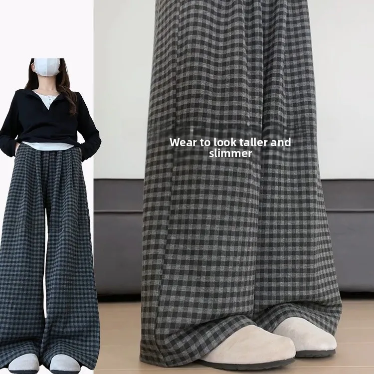 Pantalon en laine à motif de Chboard paresseux rétro pour femme automne hiver nouveau pantalon drapé décontracté à jambes larges taille haute droit...