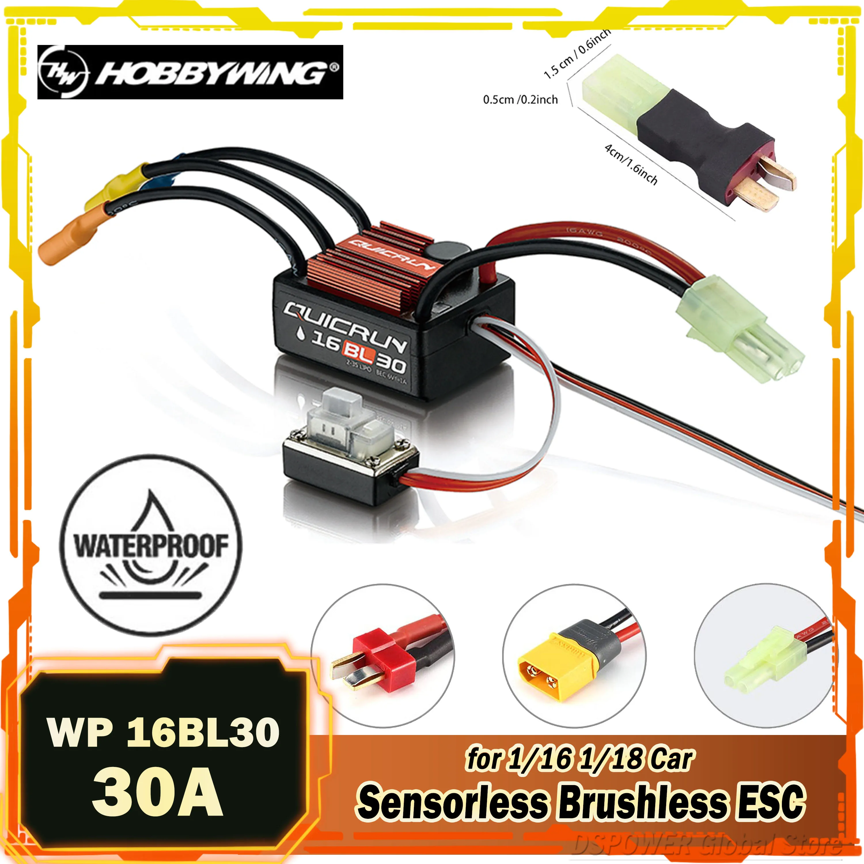 

HOBBYWING QuicRun 30A Sensorless Brushless ESC WP 16BL30 Waterproof T/XT60/Tamiya for 1/16 1/18 Touring Car Buggy Truck Monster