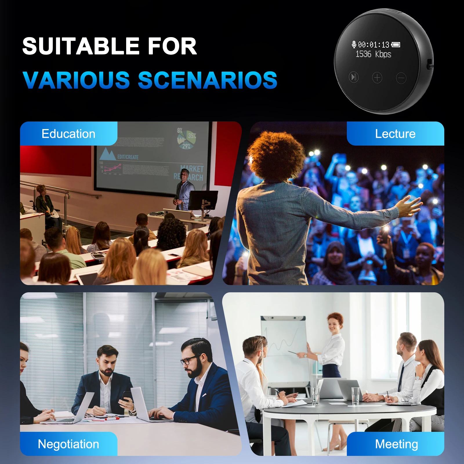 جهاز استماع مسجل الصوت الصغير 3072 Kbps مع مسجل صوتي ثلاثي للحد من الضوضاء 64G USB قابل لإعادة الشحن