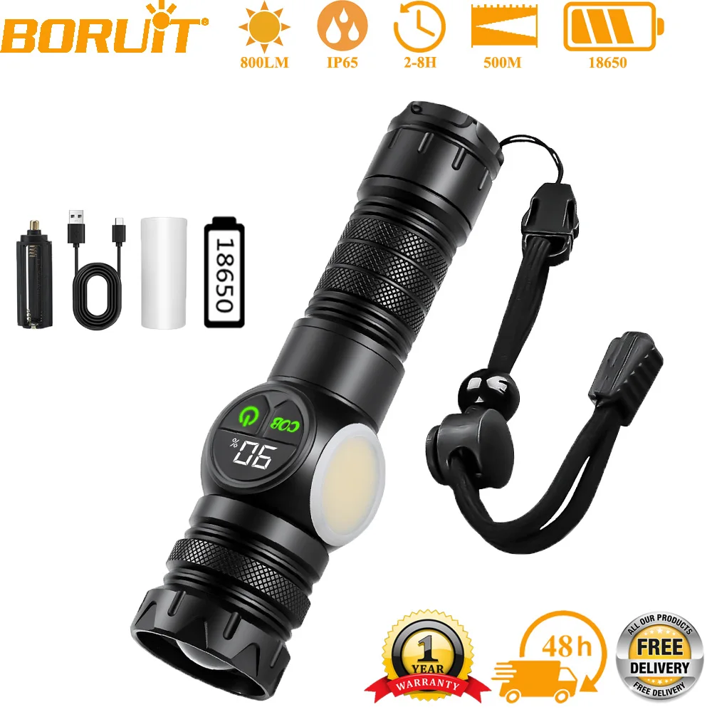 BORUiT LED Flashlight Ultra Bright 800LM 18650 Zoom Torch USB Charging Magnetic Work Light With Digital Display Camping Lantern