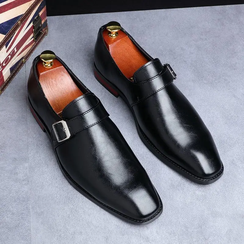 Men\'s Retro Casual Business Shoes Microfiber Leather Square Toe Slip-on Buckle Mens Dress Office Flats Men Wedding Party Oxfords