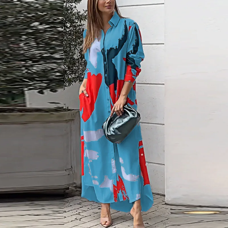 

Women's Clothing Fashion Casual Geometric Print Loose Split Shirt Dress Long Sleeve High Waist Loose Dress