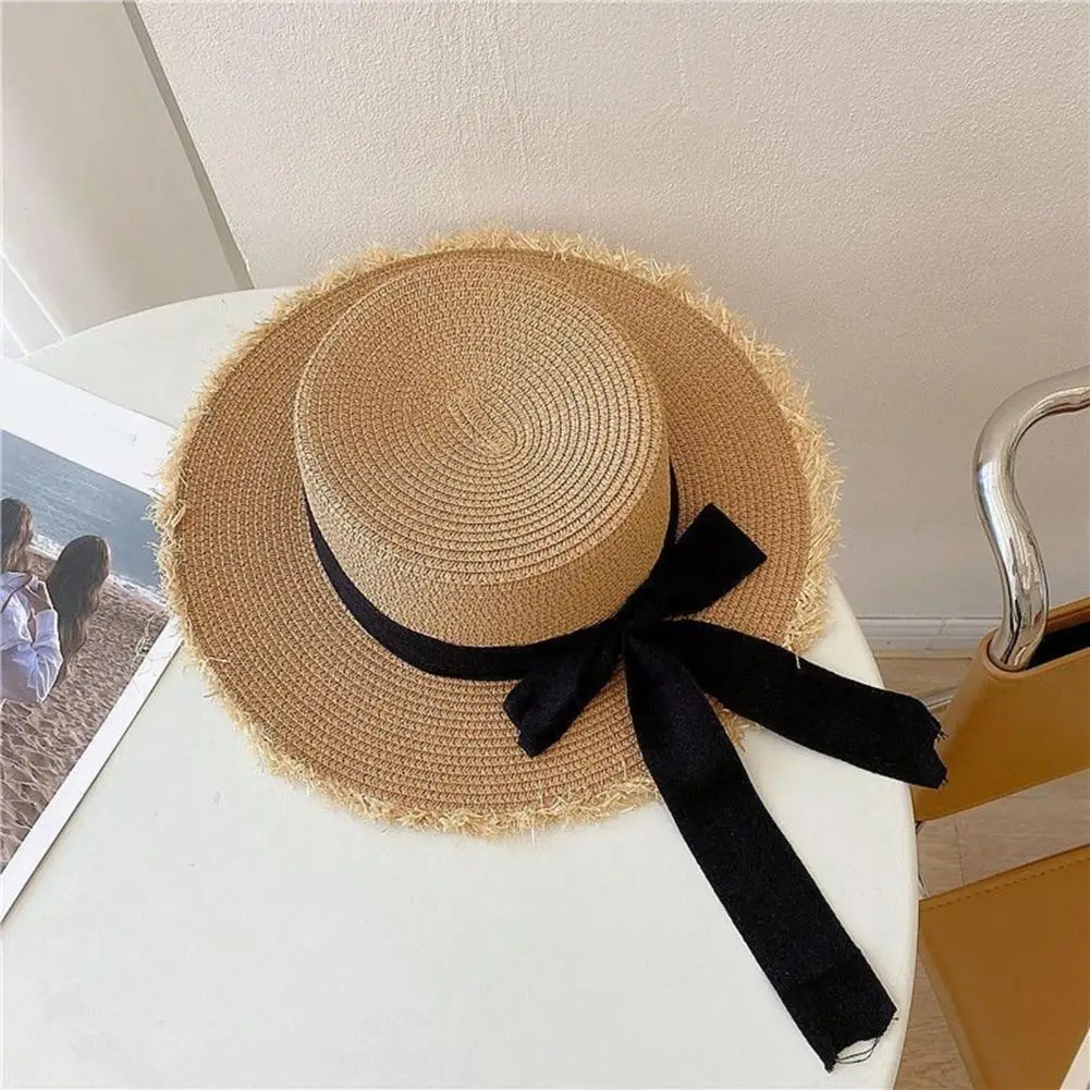 Women Fisherman Hat Sun Protection Large Brim Decorative Bow-knot Flat Top Anti-UV Ripped Edge Contrast Color Lady Straw Hat