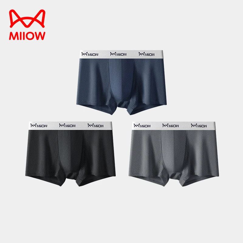 

MiiOW 3Pcs Ice Silk Men's Underwear Boxers Breathable Mesh Mens Underpants 7A Cotton Crotch Antibacterial Man Panties Trunks
