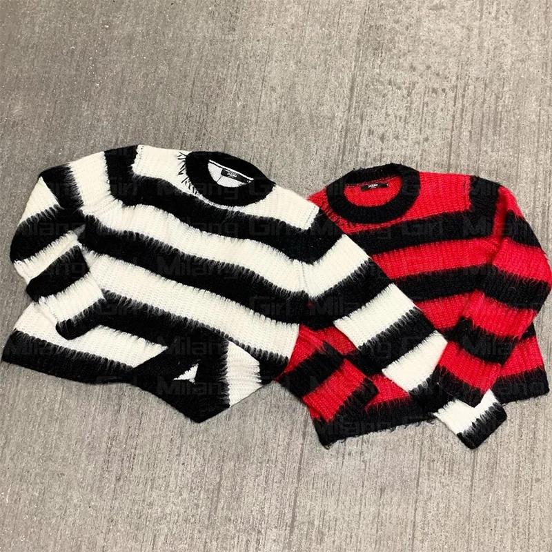 vintage sweater women cute pullover Y2K Harajuku graphics knitted ugly sweater men horizontal stripes black red gothic punk rock