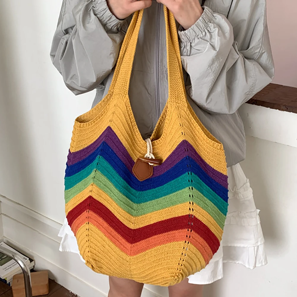 Women's Rainbow Stripe Knit Tote Bag Large Capacity Casual Aesthetic Summer Vacation Daily Shopping Shoulder Bags 2026 Handbags