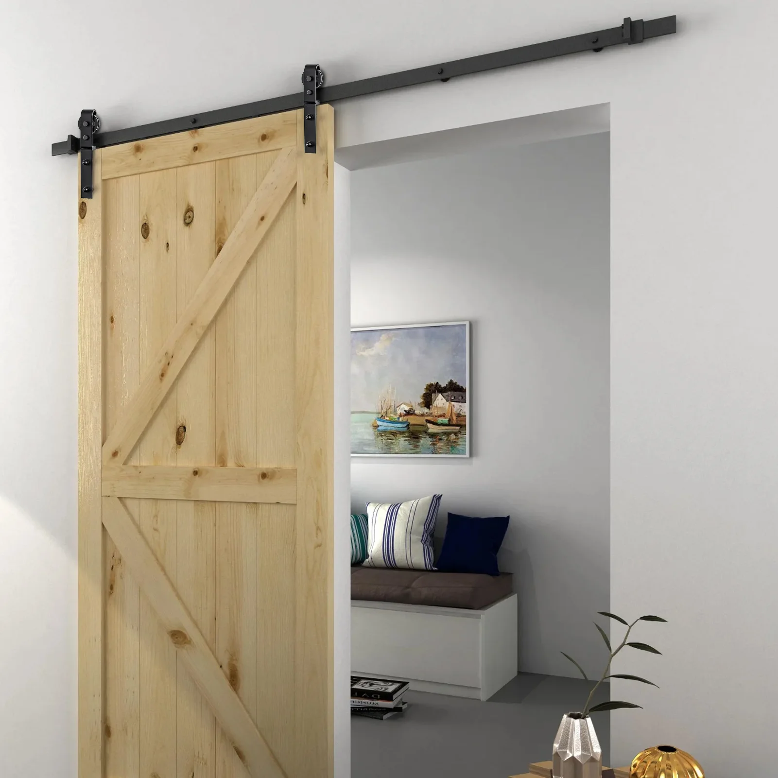 46 Zoll J-förmiges Doppel-Falt-Schiebetür-Hardware-Set, 117 cm Schwerlast-Schiebetür aus Kohlenstoffstahl, Bifold-Tür-Hardware-Set, schwarze Rollen, einfache Installation, reibungsloses und leises