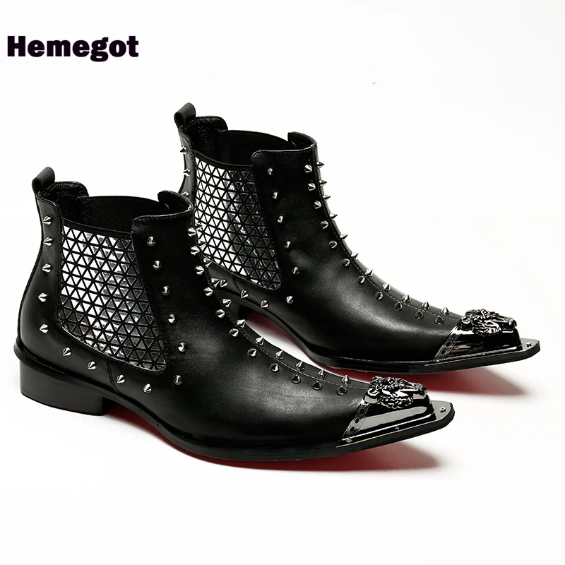 Rivets Trim Men's Boots Metallic Toe Side Zipper Elastic Band Chelsea Booties Designer High-Top Handmade Shoes Men's Boots