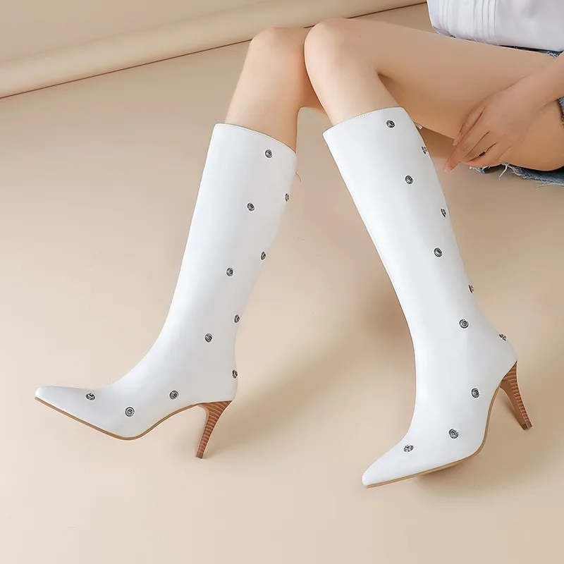 

High Heeled Fashion Boots for Women in Spring and Autumn 2026, New Large Rivet Slim Boots, Trendy Slim Heels