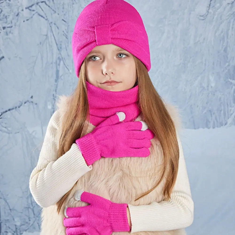 3Pcs/Set Solid Color Knitted Hats Windproof Knitted Children Hat Scarfs Gloves Set Pompom Warm Thicken Winter Beanie Gift Set