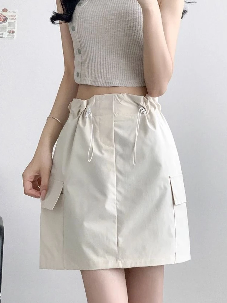 Zoki Women Y2K Cargo Skirts Vintage High Waist Casual Streetwear Mini Skirts Retro American Solid Pockets Female Sexy Skirts New