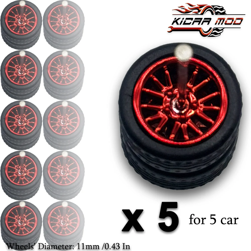 

1/64 Electroplated Red Wheels （5sets）for Diecast Model Cars with Detachable Rubber Tires 11mm Diameter Kicarmod