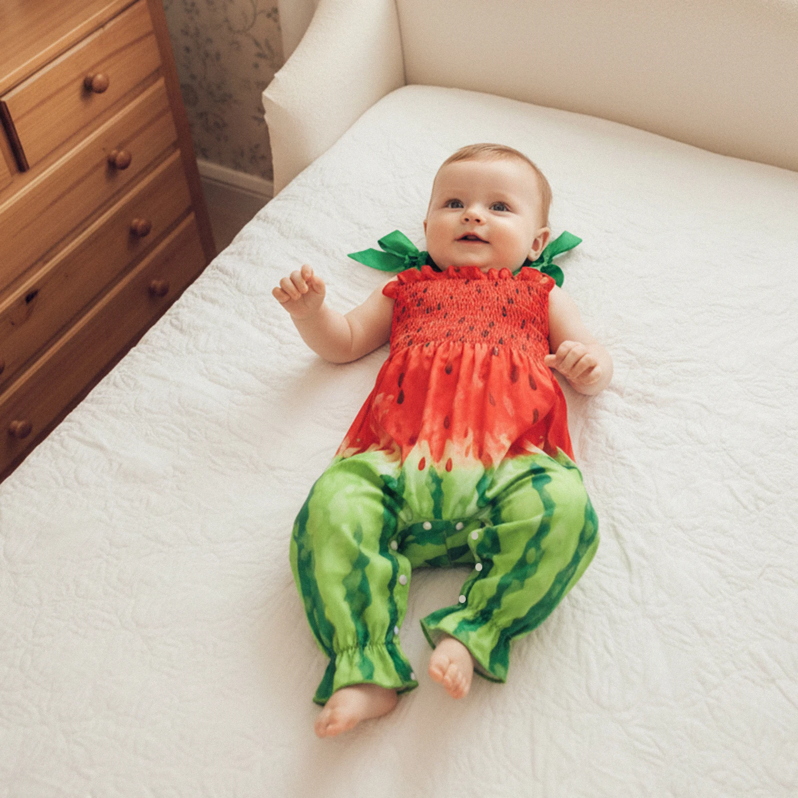 Baby Girl Summer Romper Sleeveless Tie Shoulder Strap Watermelon Print Jumpsuit Infant Pajamas