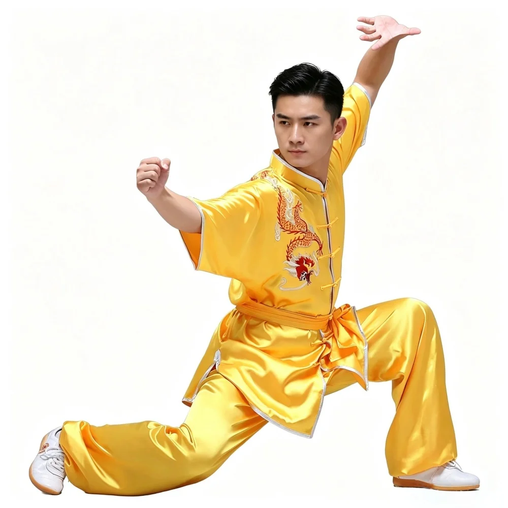 Traditional Martial Arts Kung Fu Uniform Men Polyester Fabric Dragon Embroidery Tang Style Wushu Outfit for Practice Performance