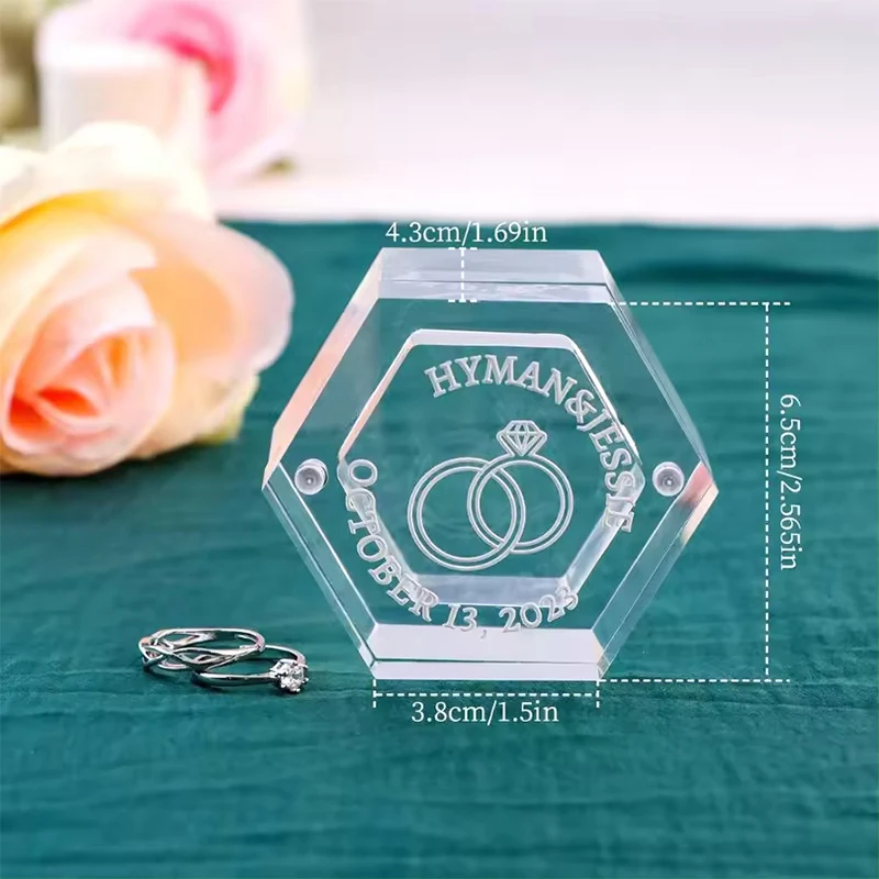 Boîte à bagues en acrylique de mariage personnalisée, boîte à bagues hexagonale transparente avec gravure au Laser, porte-anneau moderne personnalisé, cadeaux d'anniversaire
