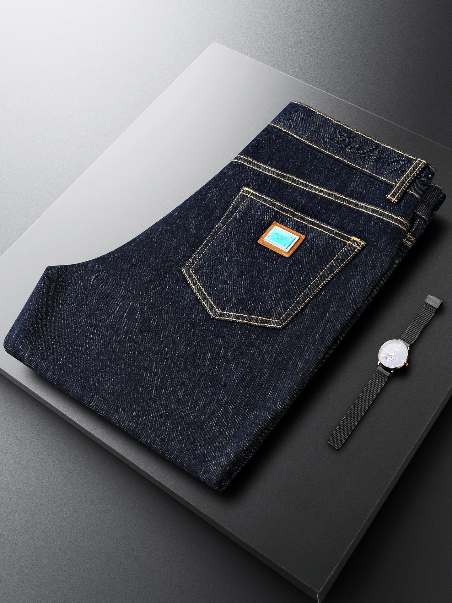 

Элегантные синие джинсы из денима, мужские узкие прямые брюки из хлопка с эластичной вставкой, повседневные брюки, новинка весеннего сезона, дышащие, износостойкие