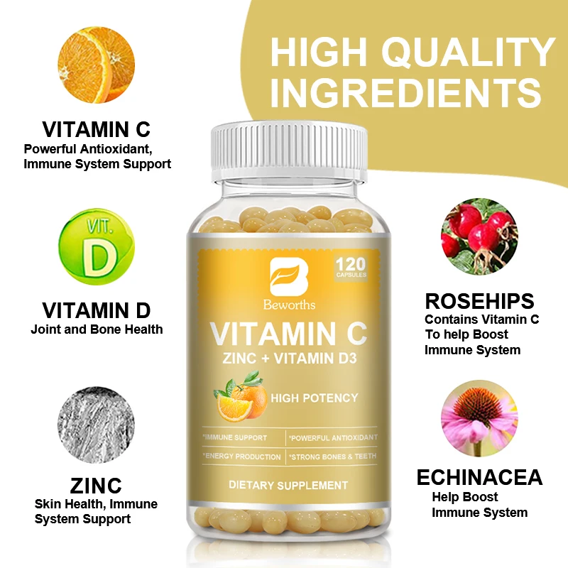 BEWORTHS Vitamin C & Zinc Capsule with Vitamin D3 Strong Antioxidant Collagen Booster Immune System and Skin Health Supplements