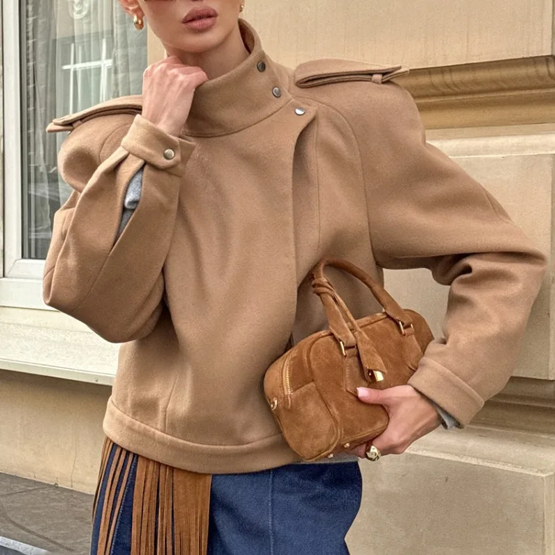 Womens Biker Style Wool Blend Jacket High Stand Collar Windproof Wrinkle Resistant Draped Long Sleeve Fall Winter 2026 New Chic