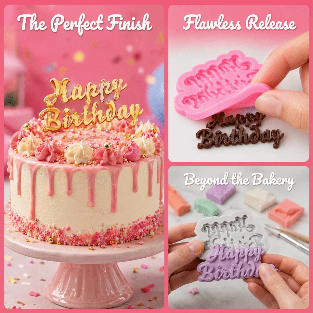2PCS Durable Silicone Happy Birthday Mold Birthday Alphabet Letter Shape Fondant Mold Cupcake Topper Mold Baking Use