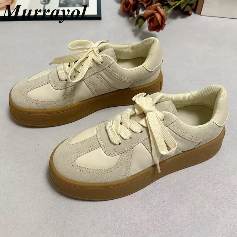 

Round Toe Mixed Color Lace-up Casual Shoes Women's Genuine Leather Splicing Flat Shoes Four Seasons Sneakers Walking Shoes