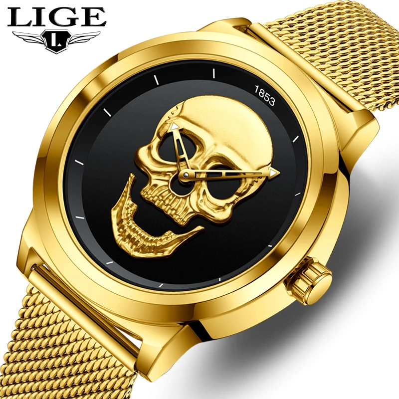 LIGE Top Brand Luxury Fashion Skull Men Watches with Stainless Steel Sports Waterproof Quartz Clocks Male Creative Wristwatch