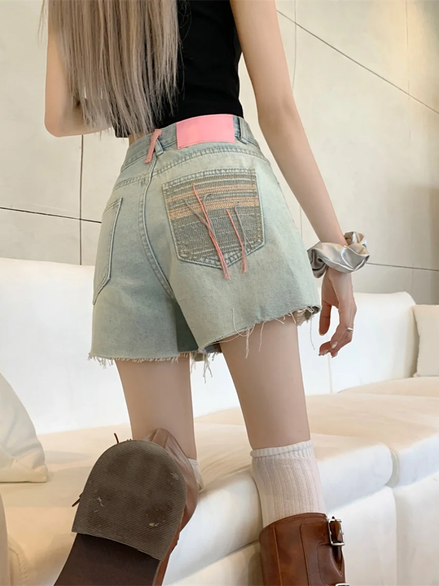 

High Waist Wide Leg ort Jeans Women's plus Size Slimming A-Line Hot Pants Summer Blue Embroidered Frayed Denim orts