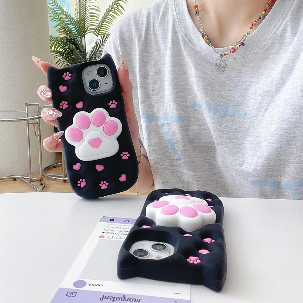 Funny Meow Meow Cat Paw Case For iPhone 11 12 13 14 15 Pro Max Soft Silicone Cover With Stand Holder