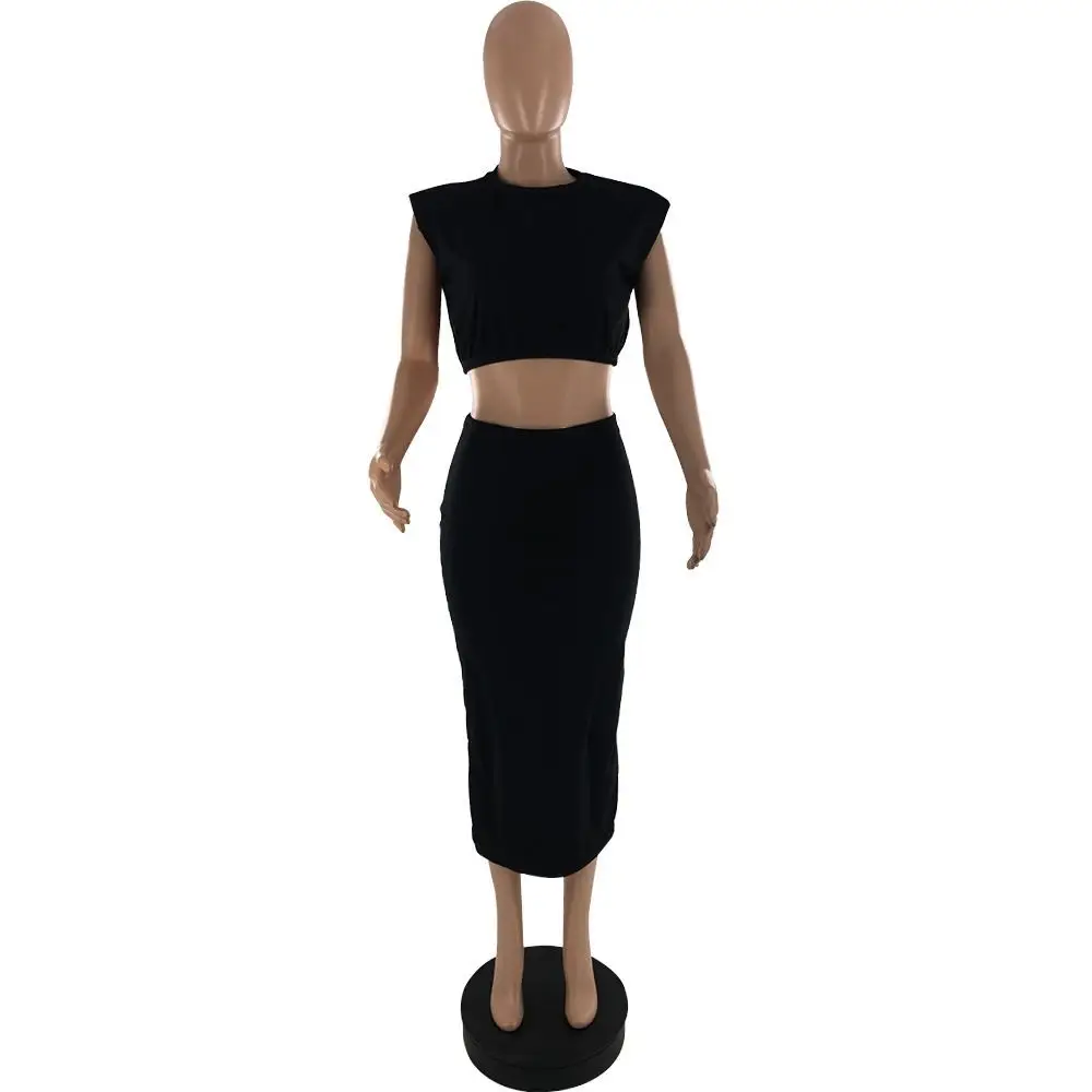 Stylish Women's 2-Piece Summer Loose Sleeveless Shoulder Pad T-Shirt And Slim Midi Dress Outfits Lady Casual 2-Piece Set