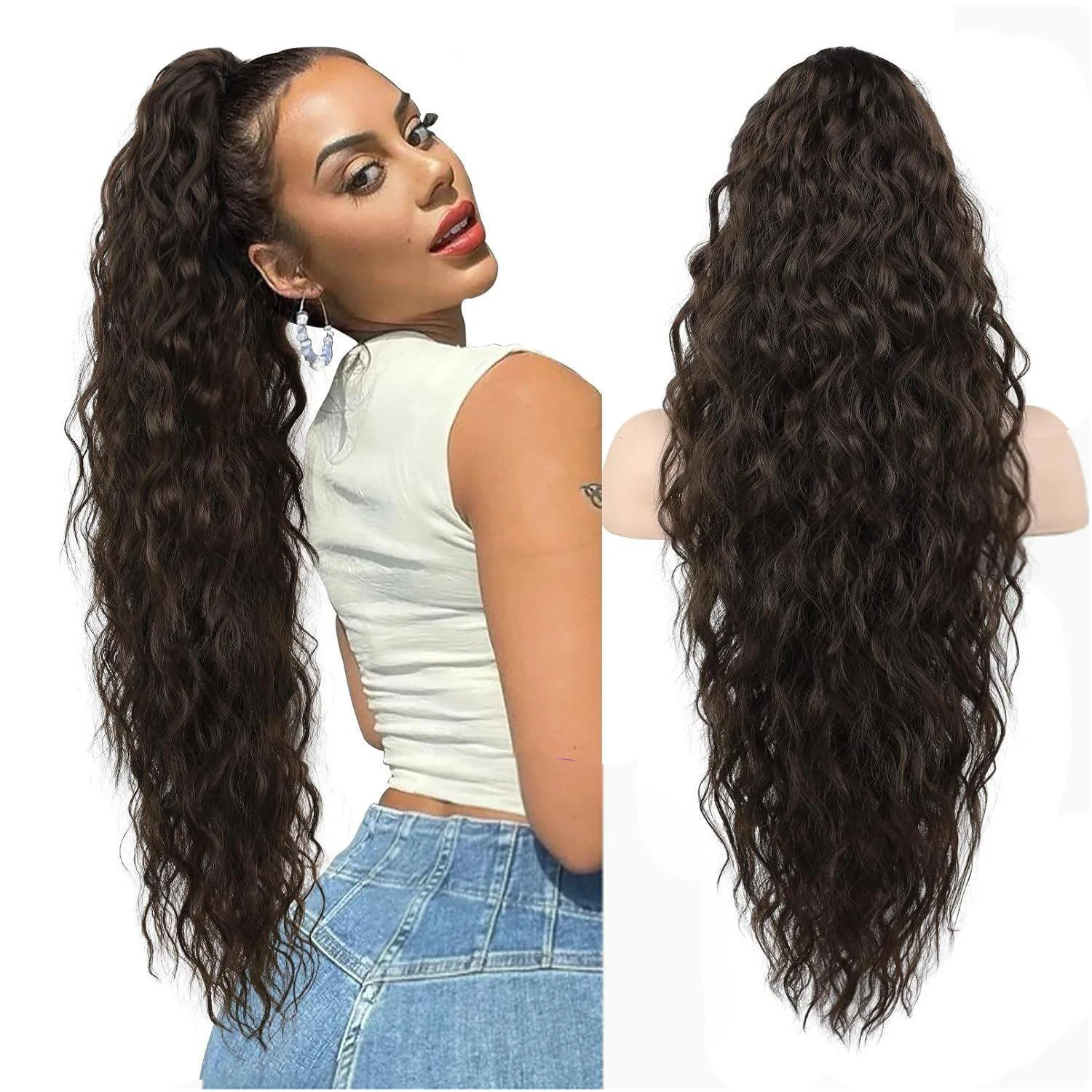 

Synthetic Claw Long Wavy Ponytail Extension Black Brown 30" Curly Pony Tail Clip in Hair Extensions Fluffy Natural Looking