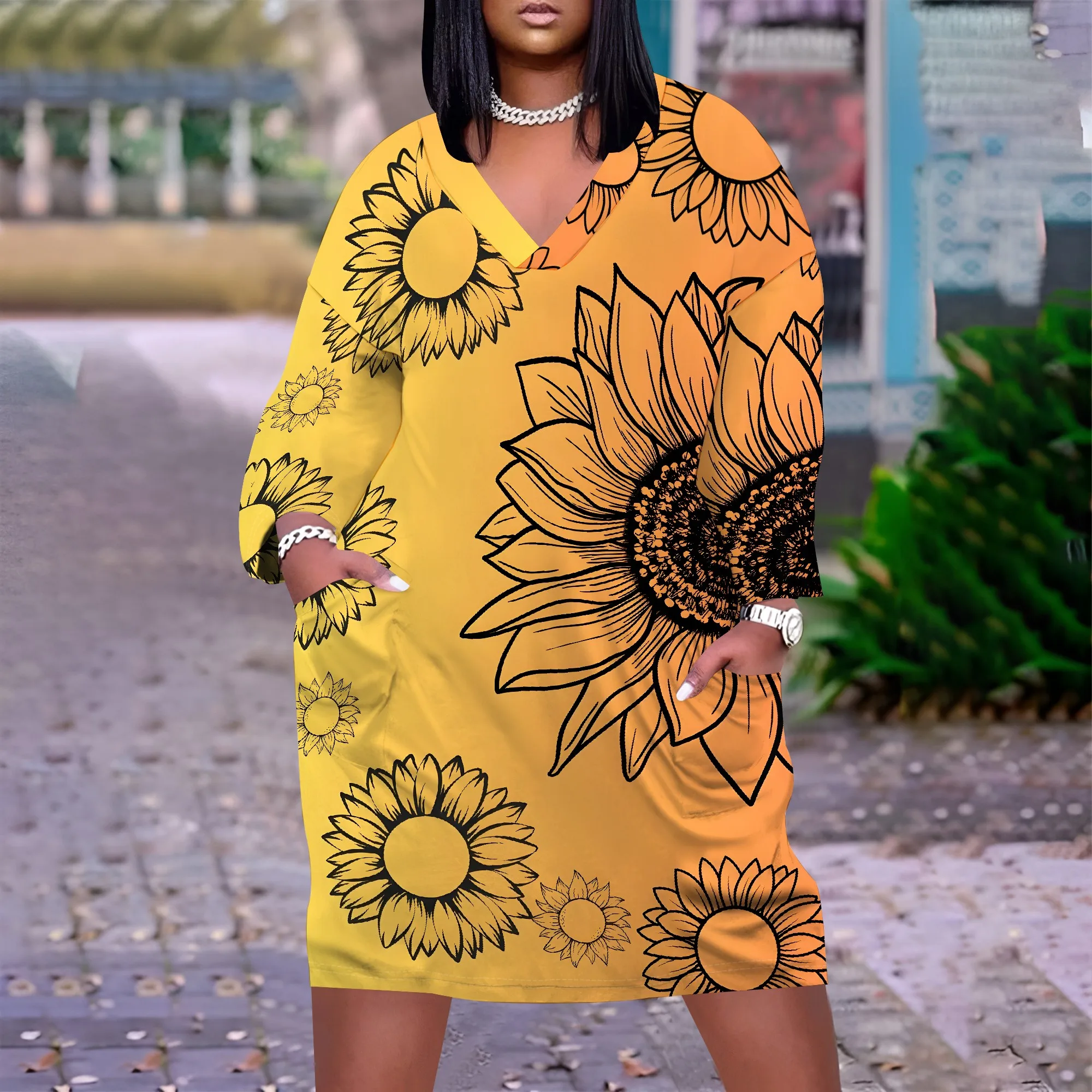 Plus Size Womens Sexy Casual Dresses for Curvy Women 3D Printed V Neck Short Sleeve Loose Maxi Dress with pockets
