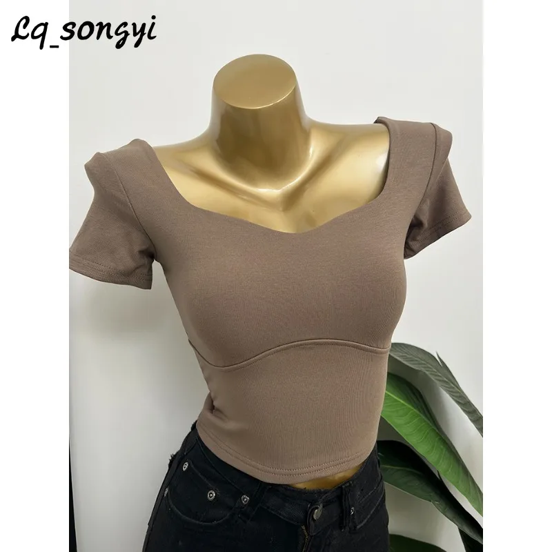 

Lq_songyi Sexy V Neck T Shirts Double-deck Slim Tops Women High Strecth Tight Crop Top Short Sleeve Solid Basic Short T Shirt