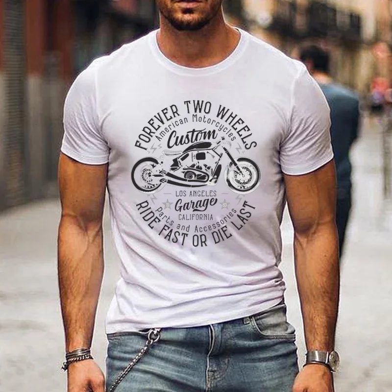 Men\'s Vintage Motorcycle Print T-Shirt, Casual Street Style, Round Neck, Summer Fashion, Comfortable and Breathable Tshirt